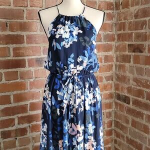 Lulus blue floral print halter top maxi dress with long side slit | Women's S